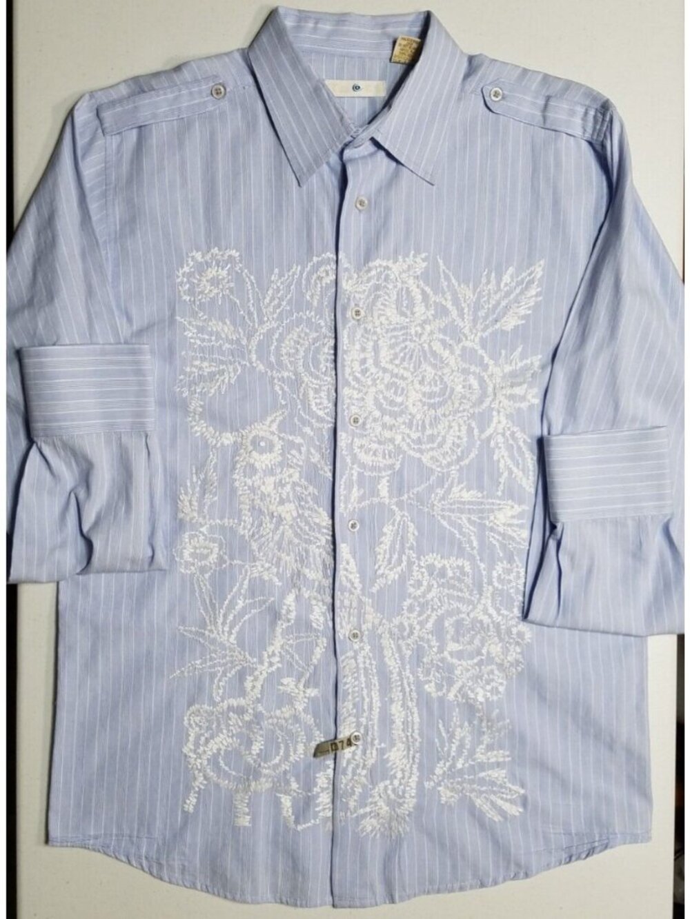 Twice Western Office Button Up Long Sleeve Blue Striped Embroidered Shirt Men L